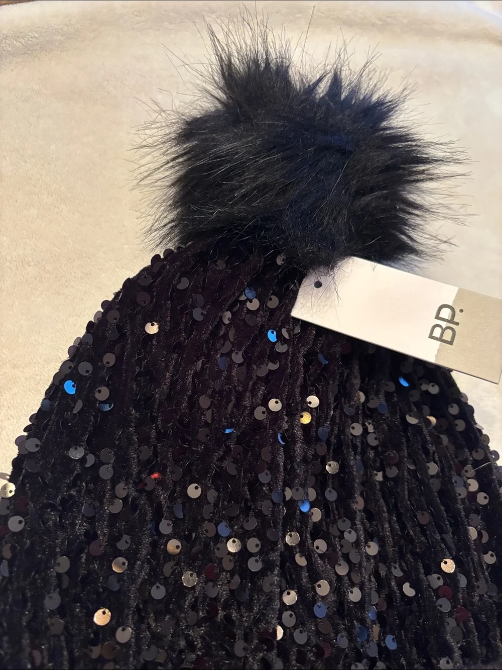 bp Kids Black Sequin Pom Pom Beanie